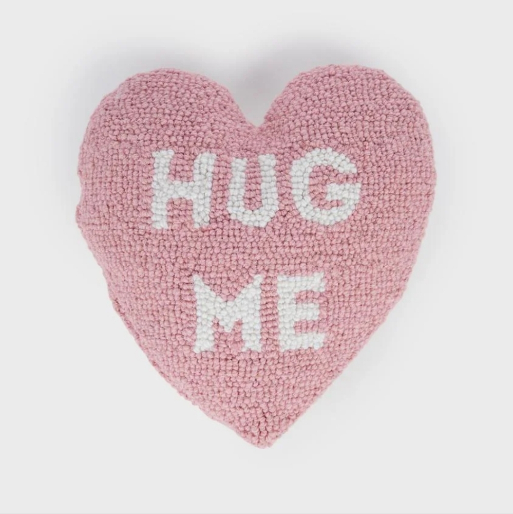 Doll Kill Pink Wooly Heart-Shaped 'Hug Me' Graphic Throw Pillow (OS) EUC